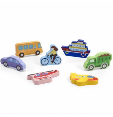 VIGA medinės dėlionės Montessori 2 viename figūrėlės, transporto priemonės