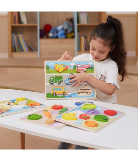 VIGA medinės dėlionės Montessori 2 viename figūrėlės, transporto priemonės