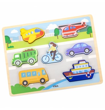 VIGA medinės dėlionės Montessori 2 viename figūrėlės, transporto priemonės