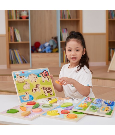 VIGA medinės dėlionės Montessori 2 viename figūrėlės, transporto priemonės