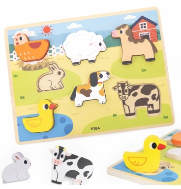 VIGA medinė dėlionė Montessori 2 viename figūrėlių ūkis