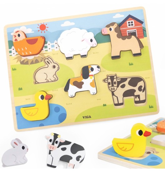 VIGA medinė dėlionė Montessori 2 viename figūrėlių ūkis