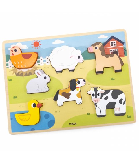 VIGA medinė dėlionė Montessori 2 viename figūrėlių ūkis