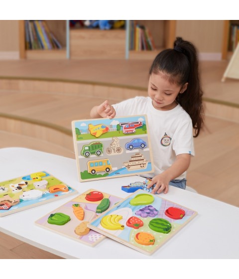 VIGA Medinė dėlionė Montessori 2 viename dėlionės vaisių figūrėlės