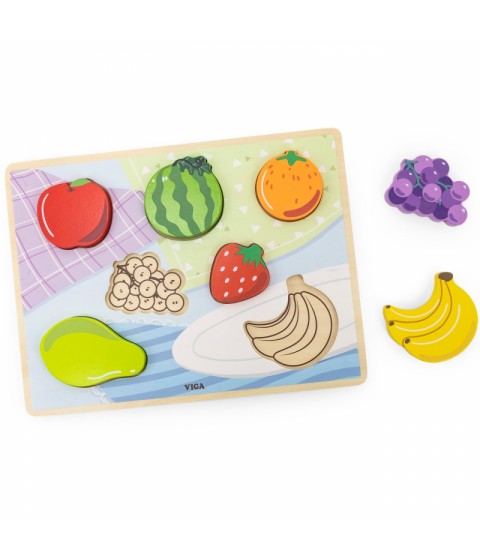 VIGA Medinė dėlionė Montessori 2 viename dėlionės vaisių figūrėlės