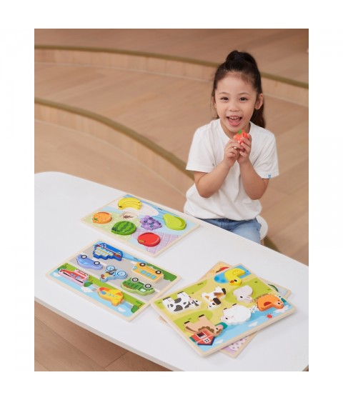 VIGA Medinė dėlionė Montessori 2 viename dėlionės vaisių figūrėlės