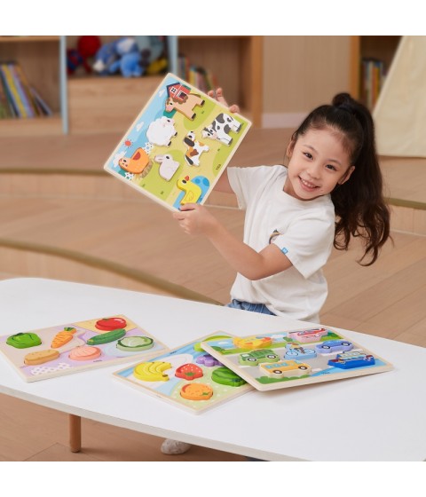VIGA Medinė dėlionė Montessori 2 viename dėlionės vaisių figūrėlės