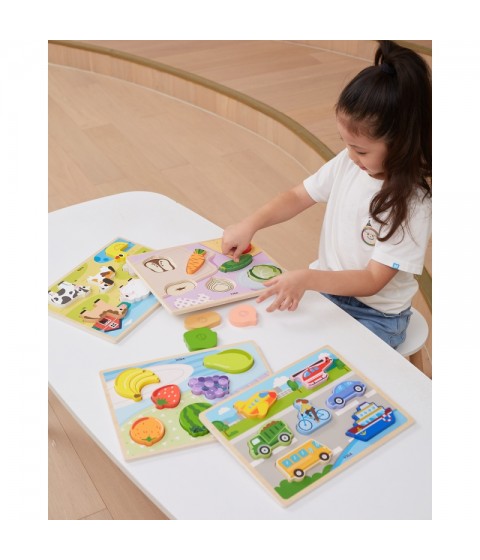 VIGA Medinė dėlionė Montessori 2 viename dėlionės vaisių figūrėlės