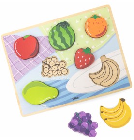VIGA Medinė dėlionė Montessori 2 viename dėlionės vaisių figūrėlės