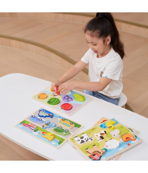 VIGA Medinė dėlionė Montessori 2 viename dėlionės vaisių figūrėlės