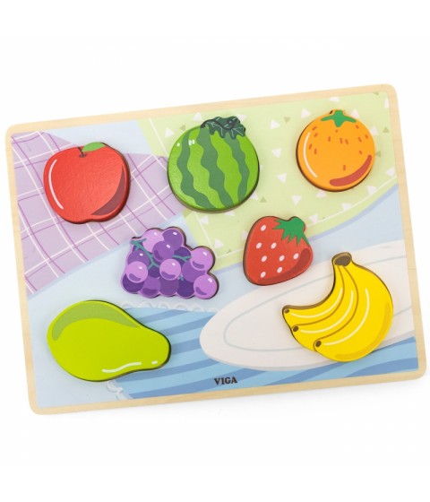 VIGA Medinė dėlionė Montessori 2 viename dėlionės vaisių figūrėlės
