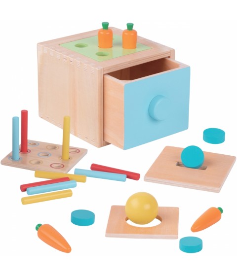 WOOPIE GREEN medinis edukacinis stalčius 4 viename Montessori morkų rūšiavimo žaidimas FSC