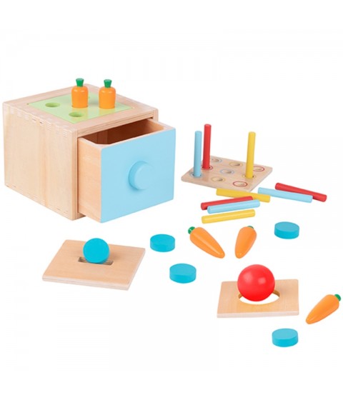 WOOPIE GREEN medinis edukacinis stalčius 4 viename Montessori morkų rūšiavimo žaidimas FSC