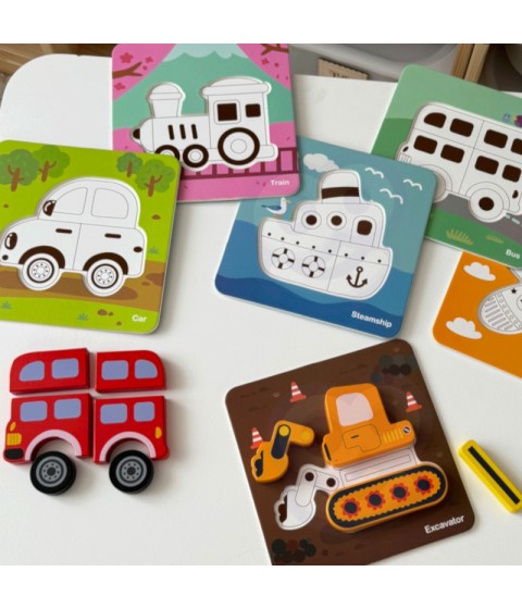 WOOPIE GREEN medinė dėlionė, transporto priemonės, Montessori FSC