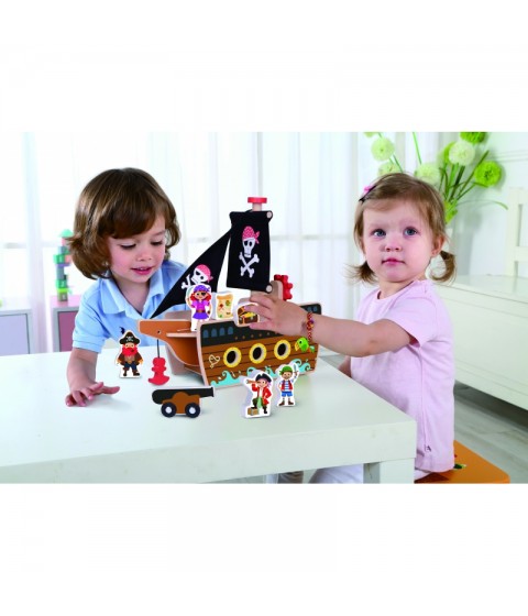 TOOKY TOY piratų laivo medinių figūrėlių rinkinys