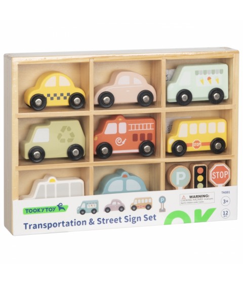 TOOKY TOY medinių transporto priemonių ir kelio ženklų rinkinys dėžutėje