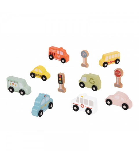 TOOKY TOY medinių transporto priemonių ir kelio ženklų rinkinys dėžutėje