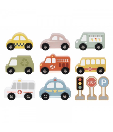 TOOKY TOY medinių transporto priemonių ir kelio ženklų rinkinys dėžutėje