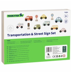TOOKY TOY medinių transporto priemonių ir kelio ženklų rinkinys dėžutėje