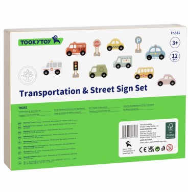 TOOKY TOY medinių transporto priemonių ir kelio ženklų rinkinys dėžutėje