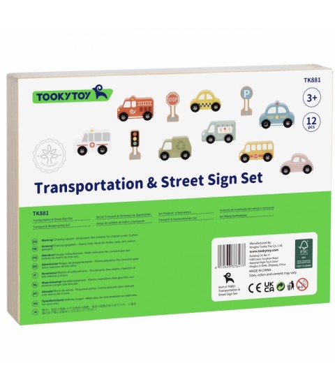 TOOKY TOY medinių transporto priemonių ir kelio ženklų rinkinys dėžutėje