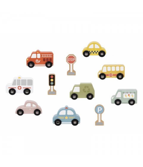 TOOKY TOY medinių transporto priemonių ir kelio ženklų rinkinys dėžutėje
