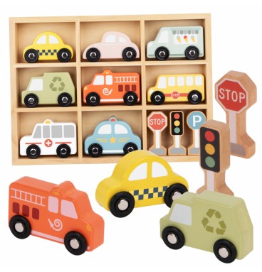 TOOKY TOY medinių transporto priemonių ir kelio ženklų rinkinys dėžutėje