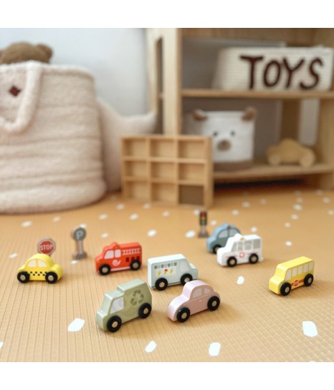 TOOKY TOY medinių transporto priemonių ir kelio ženklų rinkinys dėžutėje