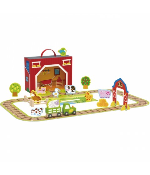TOOKY TOY medinės fermos lagamine figūrėlės, transporto priemonės