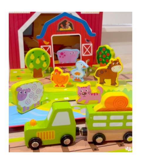 TOOKY TOY medinės fermos lagamine figūrėlės, transporto priemonės