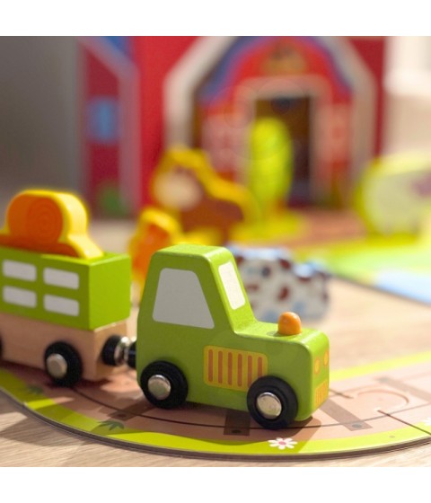 TOOKY TOY medinės fermos lagamine figūrėlės, transporto priemonės