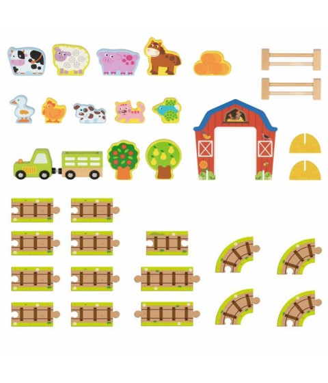 TOOKY TOY medinės fermos lagamine figūrėlės, transporto priemonės
