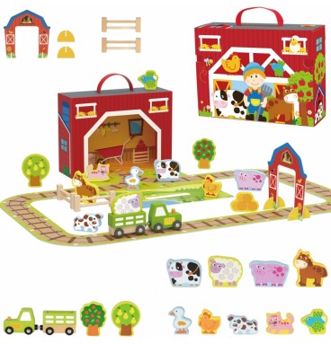TOOKY TOY medinės fermos lagamine figūrėlės, transporto priemonės
