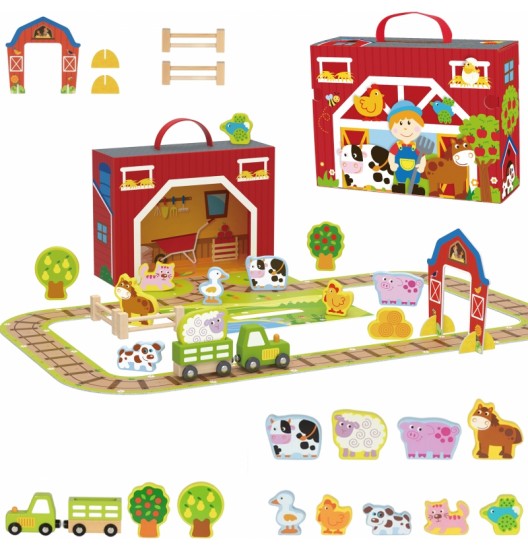 TOOKY TOY medinės fermos lagamine figūrėlės, transporto priemonės