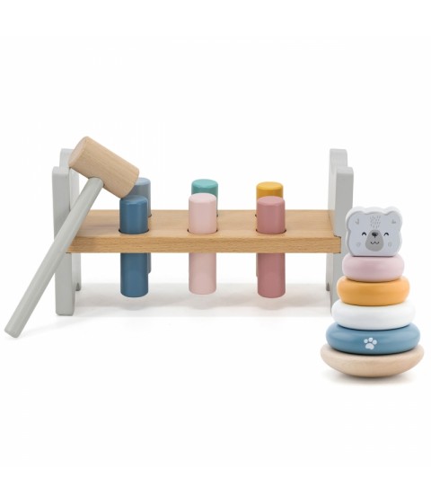 VIGA PolarB medinės piramidės rinkinys + baltojo lokio plaktukas-perforatorius Montessori