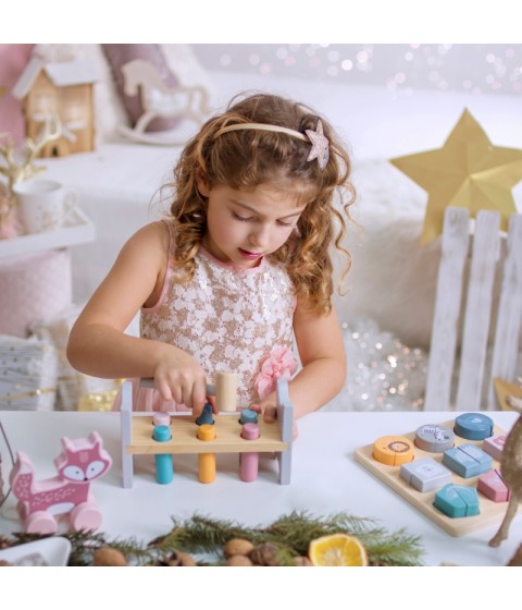 VIGA PolarB medinės piramidės rinkinys + baltojo lokio plaktukas-perforatorius Montessori