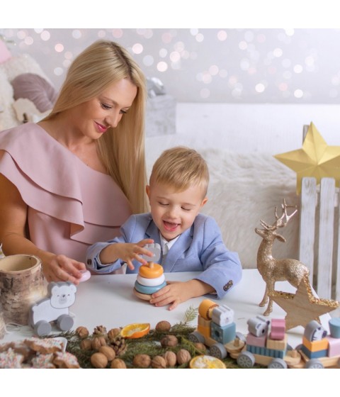 VIGA PolarB medinės piramidės rinkinys + baltojo lokio plaktukas-perforatorius Montessori