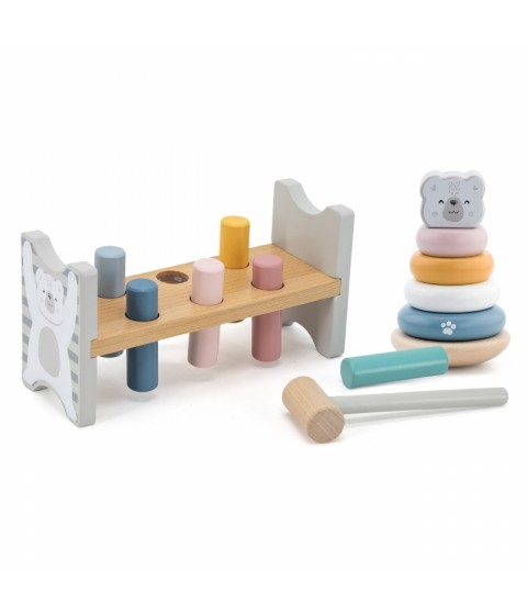 VIGA PolarB medinės piramidės rinkinys + baltojo lokio plaktukas-perforatorius Montessori