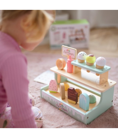 WOOPIE GREEN medinis ledų kioskelių rinkinys su ledų stovu, 16 dalių