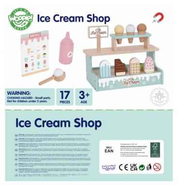 WOOPIE GREEN medinis ledų kioskelių rinkinys su ledų stovu, 16 dalių
