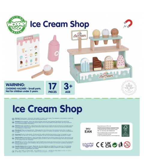 WOOPIE GREEN medinis ledų kioskelių rinkinys su ledų stovu, 16 dalių