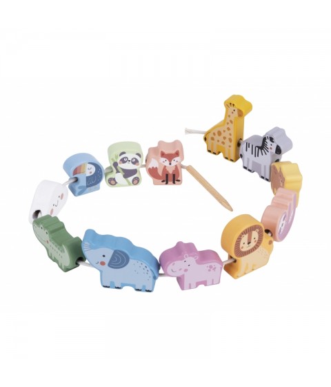 WOOPIE GREEN mediniai siūlų vėrimo kaladėlės, susipynusios ZOO Montessori, 13 vnt.