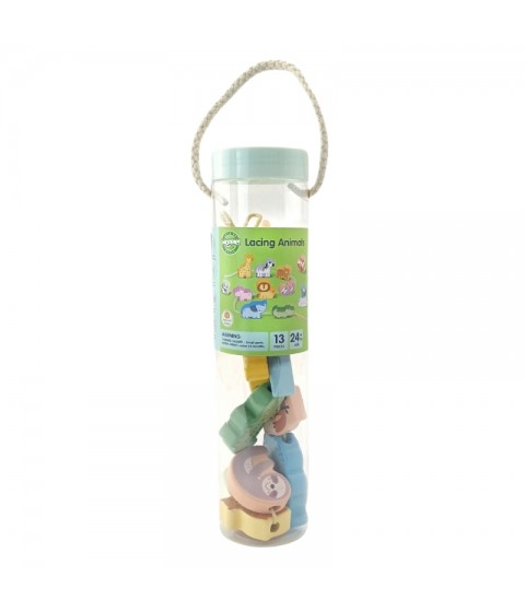 WOOPIE GREEN mediniai siūlų vėrimo kaladėlės, susipynusios ZOO Montessori, 13 vnt.