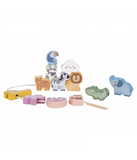 WOOPIE GREEN mediniai siūlų vėrimo kaladėlės, susipynusios ZOO Montessori, 13 vnt.