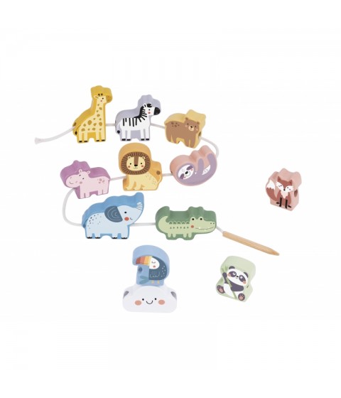 WOOPIE GREEN mediniai siūlų vėrimo kaladėlės, susipynusios ZOO Montessori, 13 vnt.