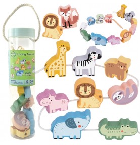 WOOPIE GREEN mediniai siūlų vėrimo kaladėlės, susipynusios ZOO Montessori, 13 vnt.