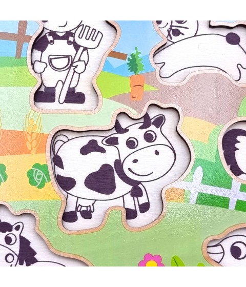 WOOPIE GREEN medinis Montessori dėlionės ūkis su derančiais smeigtukais