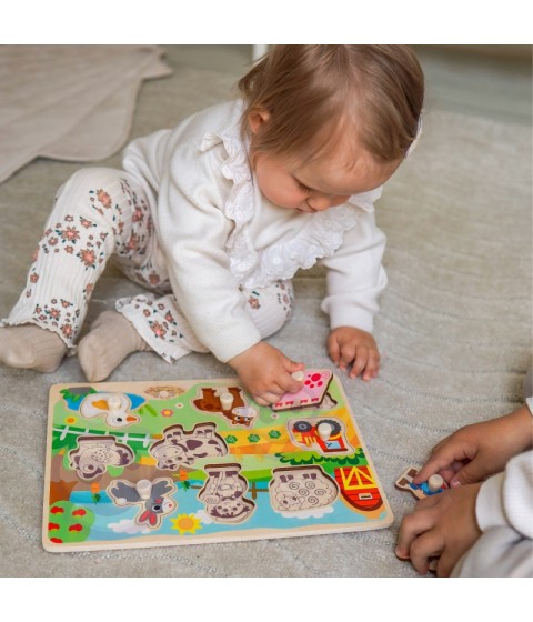 WOOPIE GREEN medinis Montessori dėlionės ūkis su derančiais smeigtukais