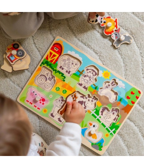 WOOPIE GREEN medinis Montessori dėlionės ūkis su derančiais smeigtukais