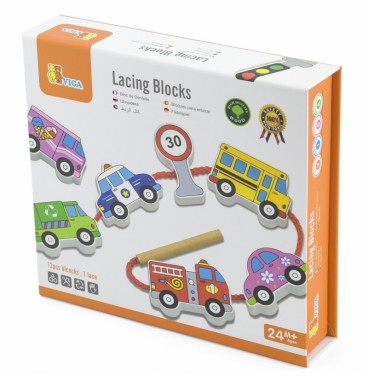„Viga“ mediniai susipynę siūlai, suvarstomi Montessori automobiliai